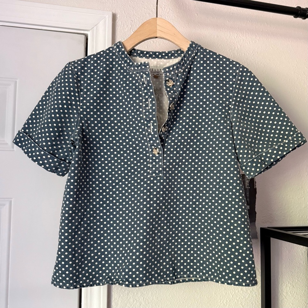 Polka Dot Short Sleeve Henley Top - Blue